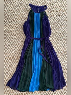 White House Black Market Purple, Blue & Green Pleated Halter Dress